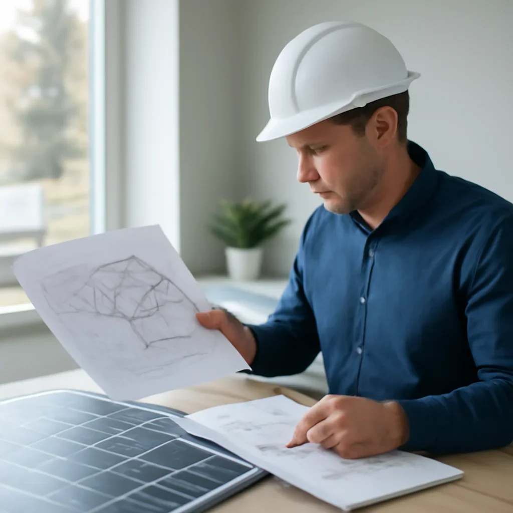 Solar consultant reviewing roof and electrical details for a Lumby, BC project