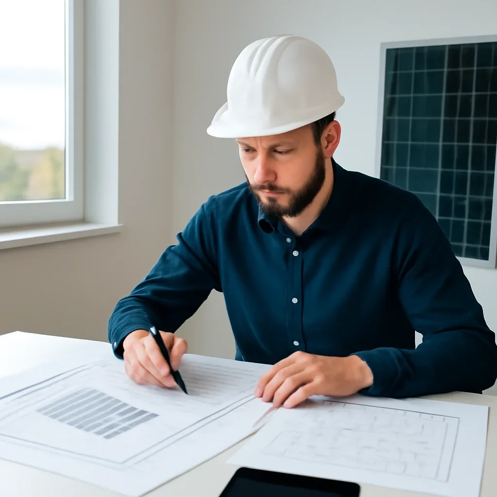 Solar consultant reviewing roof and electrical details for a Mackenzie, BC project