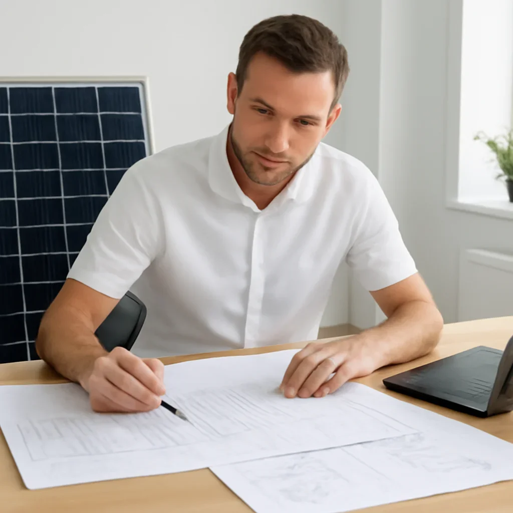Solar consultant reviewing roof and electrical details for a Maple Ridge, BC project