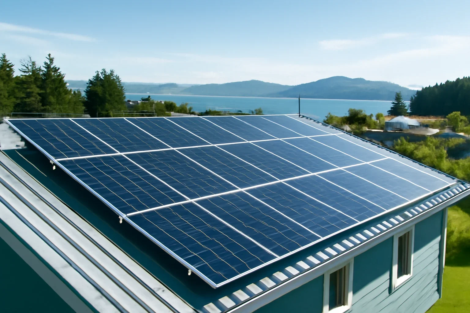 Rooftop solar panels on a property in Masset, BC