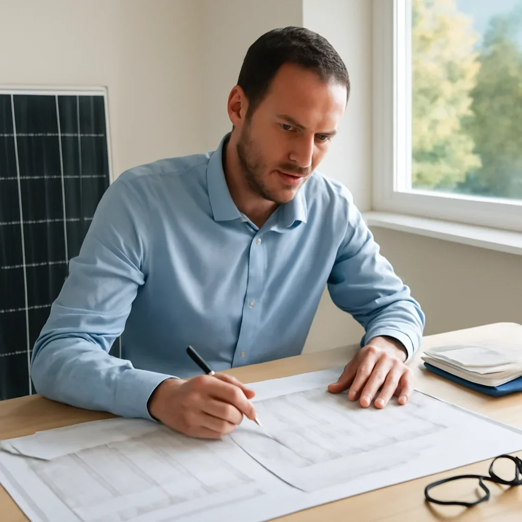Solar consultant reviewing roof and electrical details for a McBride, BC project