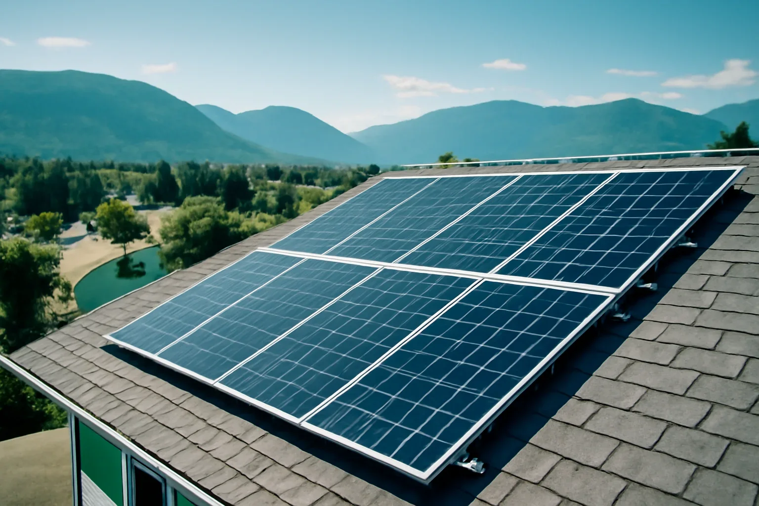 Rooftop solar panels on a property in Midway, BC