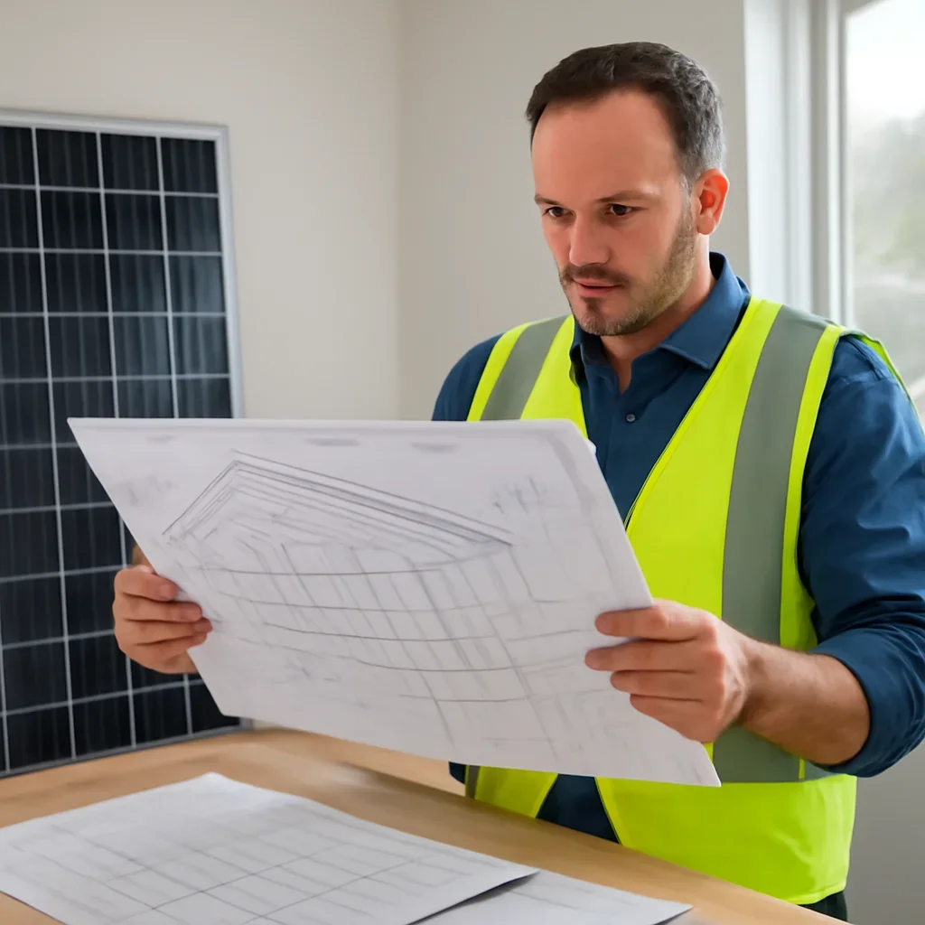 Solar consultant reviewing roof and electrical details for a Nakusp, BC project