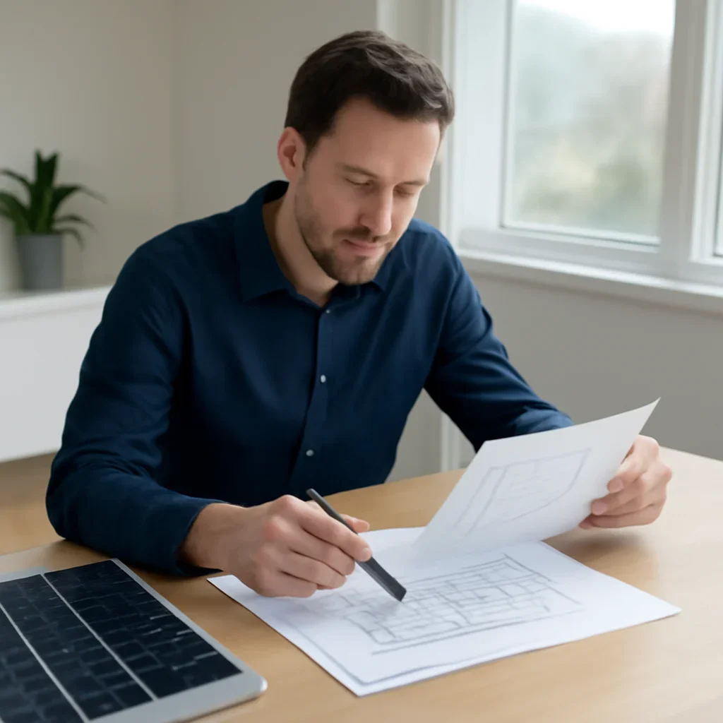 Solar consultant reviewing roof and electrical details for a Nelson, BC project