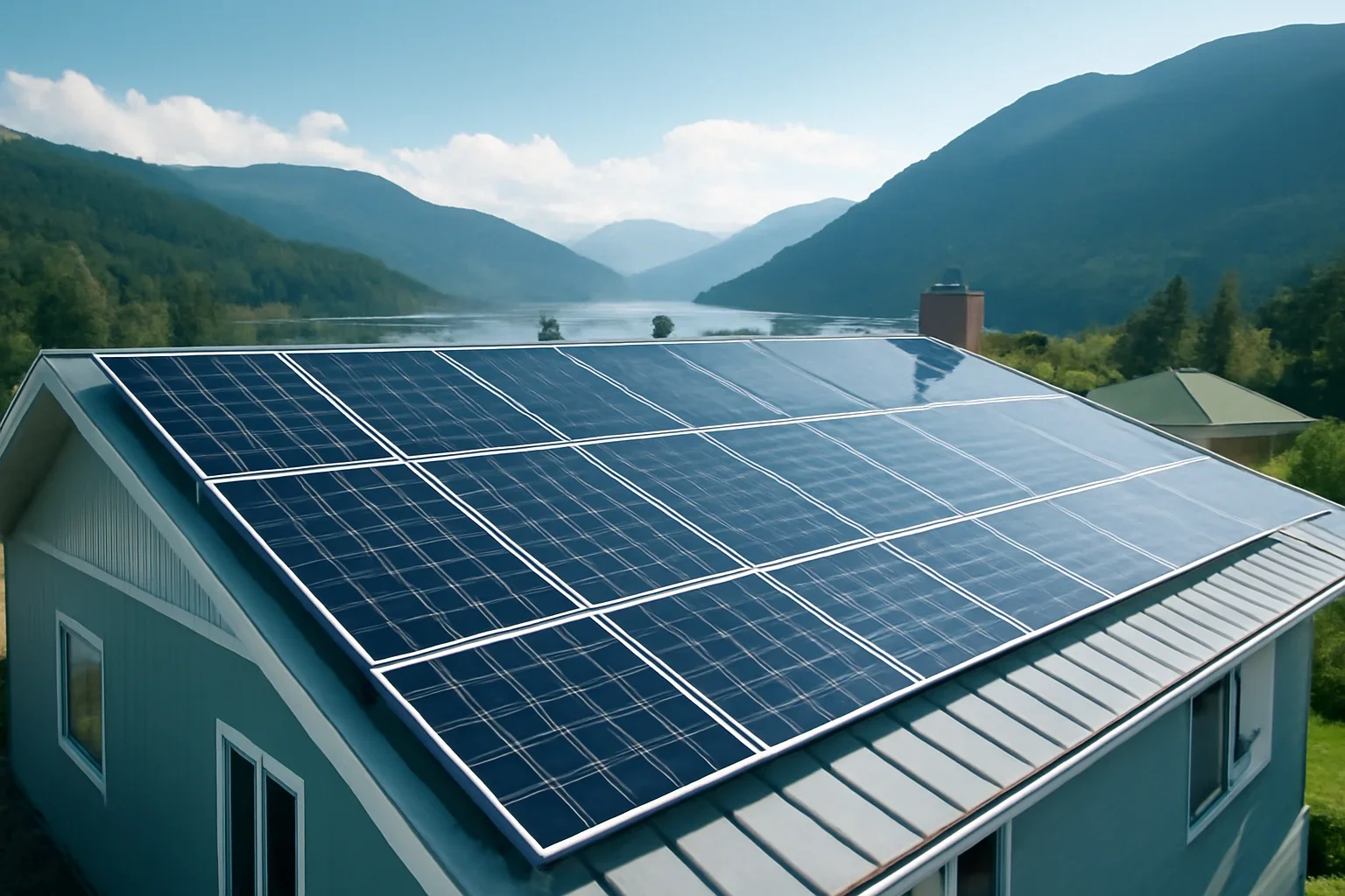 Rooftop solar panels on a property in New Denver, BC