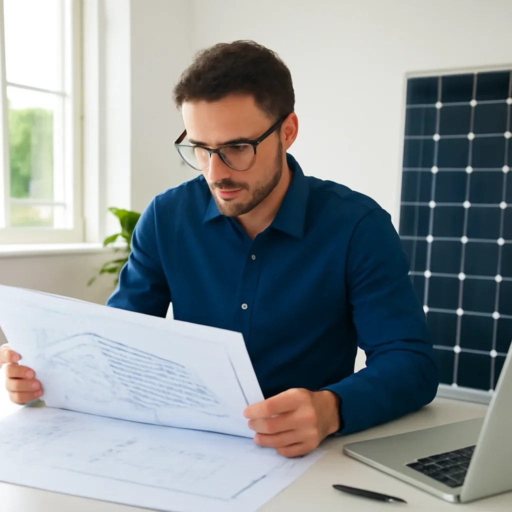 Solar consultant reviewing roof and electrical details for a North Saanich, BC project