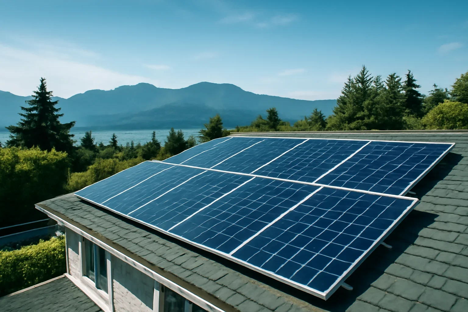 Rooftop solar panels on a property in North Vancouver, BC