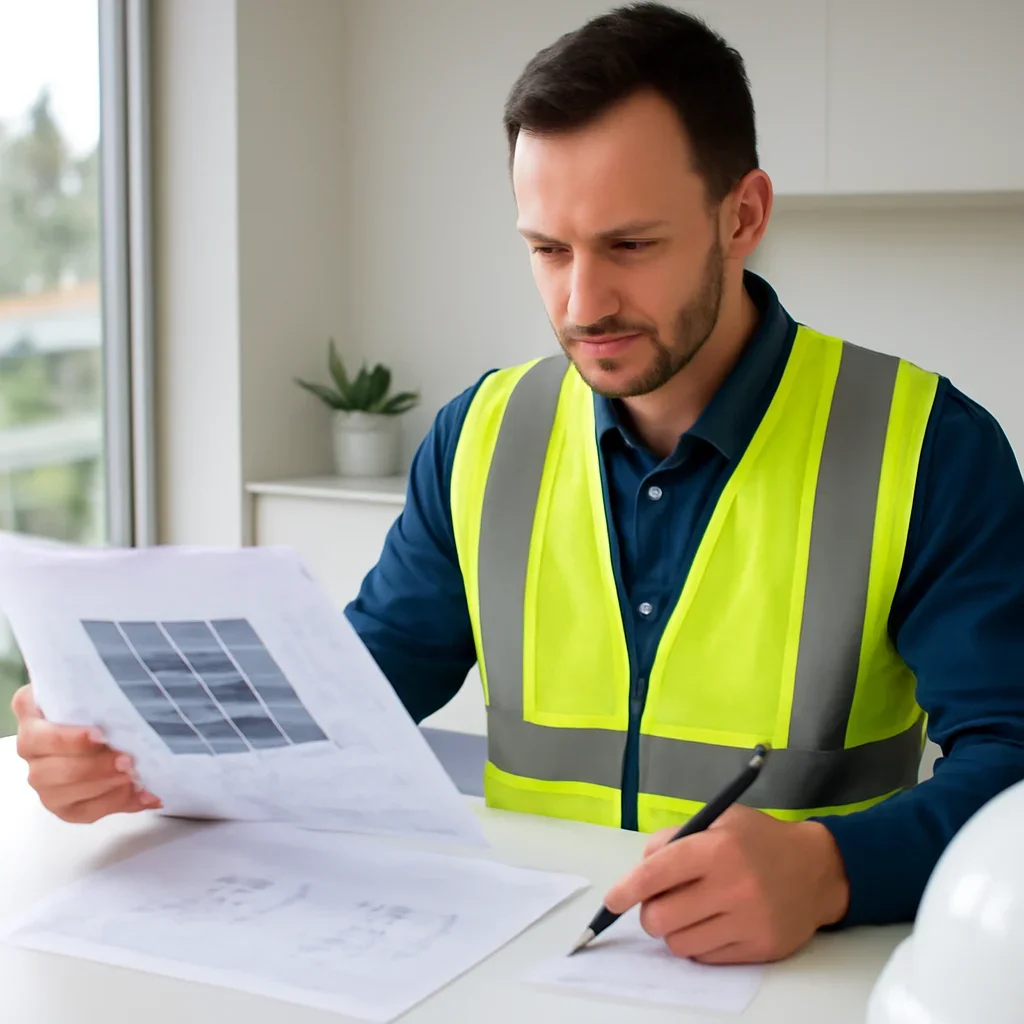 Solar consultant reviewing roof and electrical details for a North Vancouver, BC project
