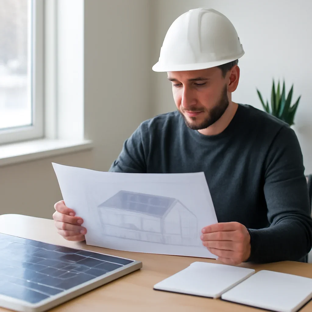 Solar consultant reviewing roof and electrical details for a Northern BC project