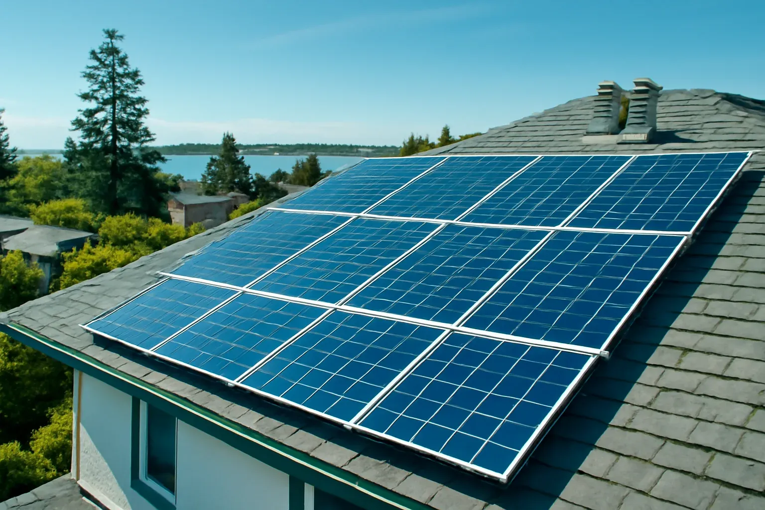 Rooftop solar panels on a property in Oak Bay, BC