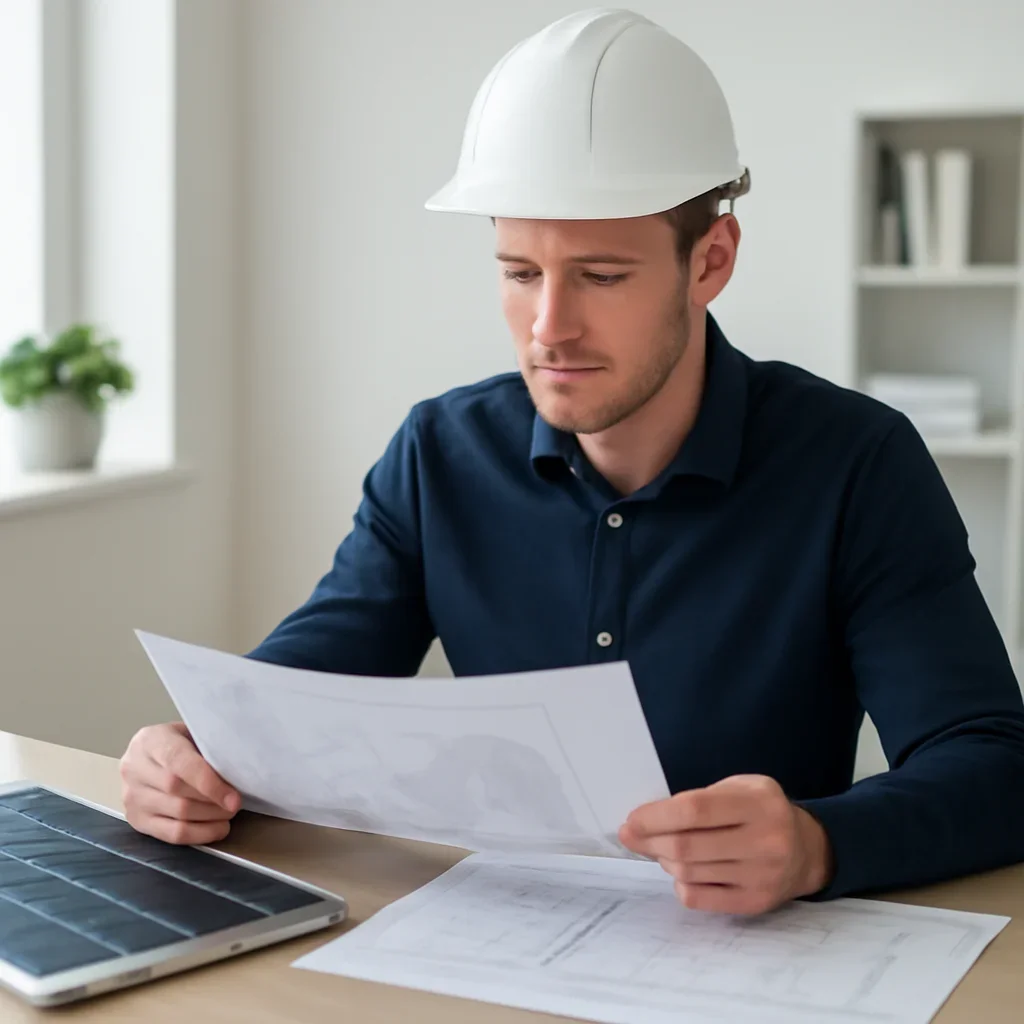Solar consultant reviewing roof and electrical details for a Oak Bay, BC project
