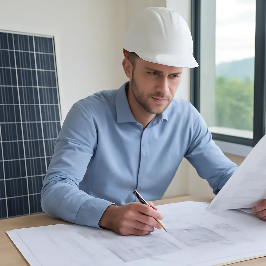 Solar consultant reviewing roof and electrical details for a Okanagan project