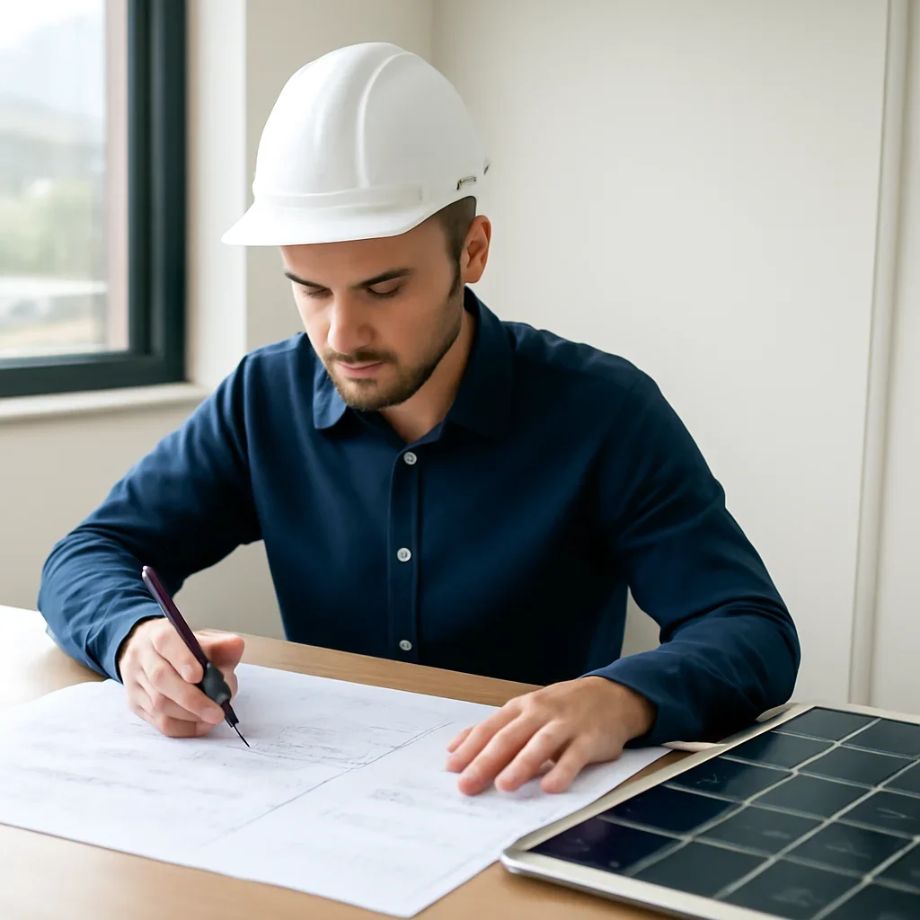 Solar consultant reviewing roof and electrical details for a Oliver, BC project