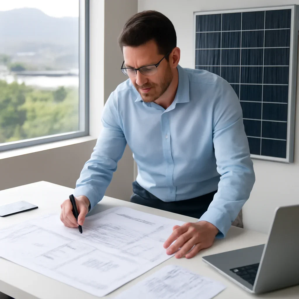 Solar consultant reviewing roof and electrical details for a Osoyoos, BC project