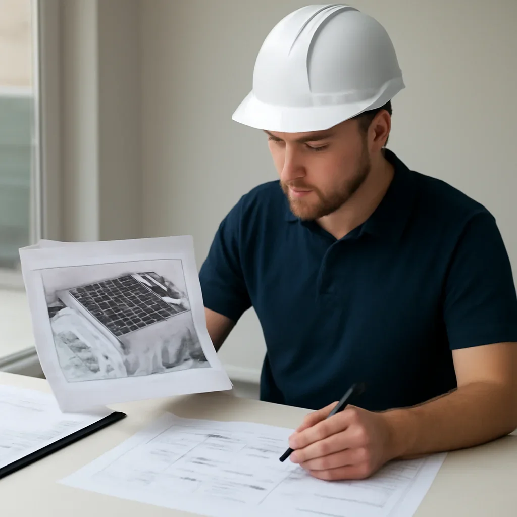 Solar consultant reviewing roof and electrical details for a Parksville, BC project