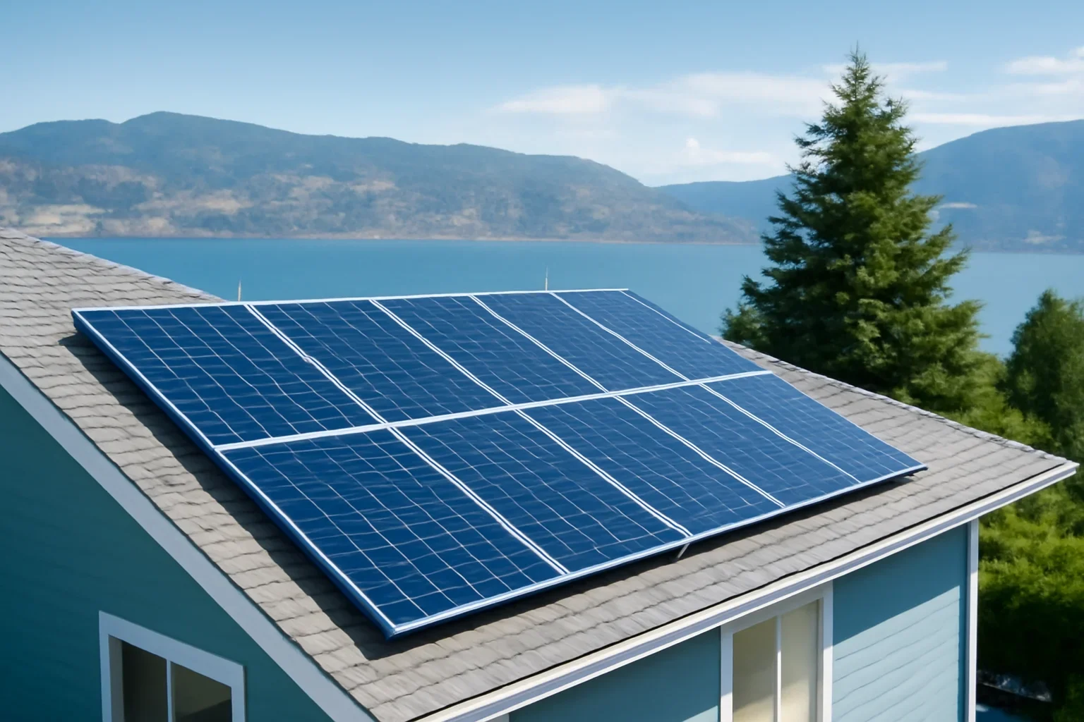 Rooftop solar panels on a property in Peachland, BC
