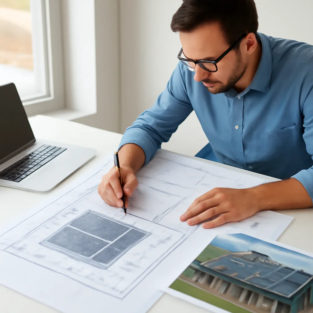 Solar consultant reviewing roof and electrical details for a Pemberton, BC project
