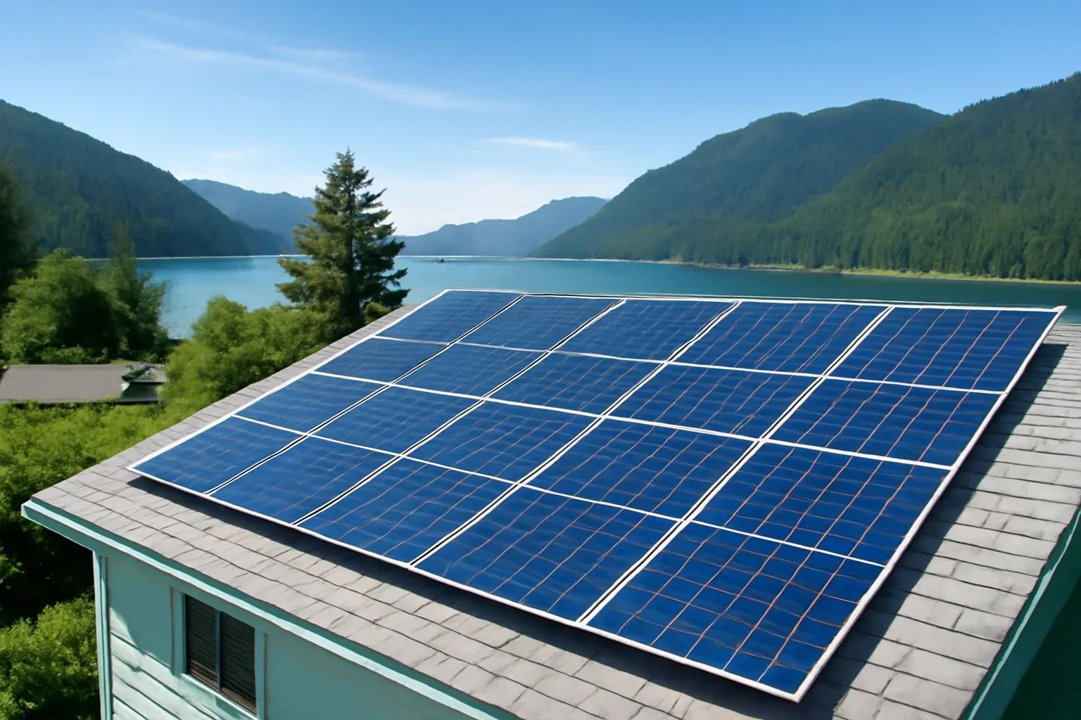 Rooftop solar panels on a property in Port Alice, BC