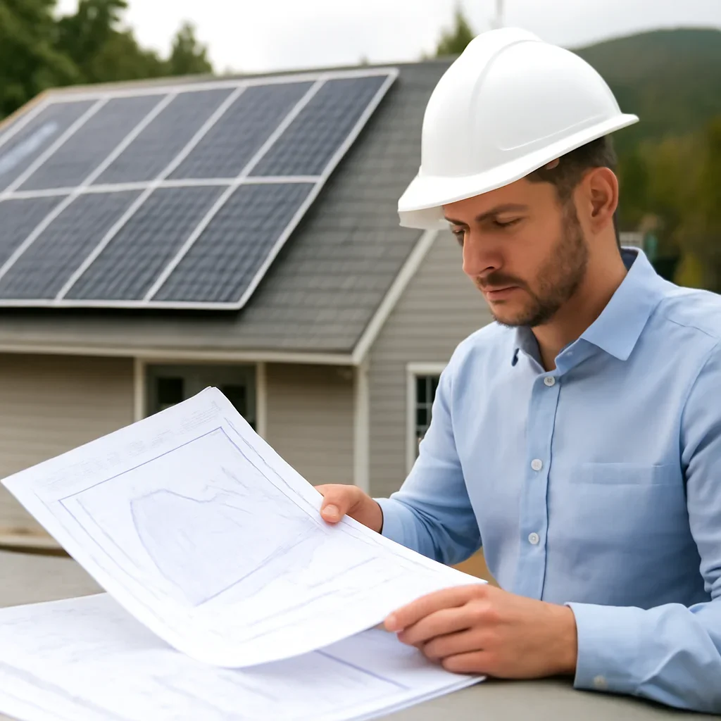 Solar consultant reviewing roof and electrical details for a Port Alice, BC project