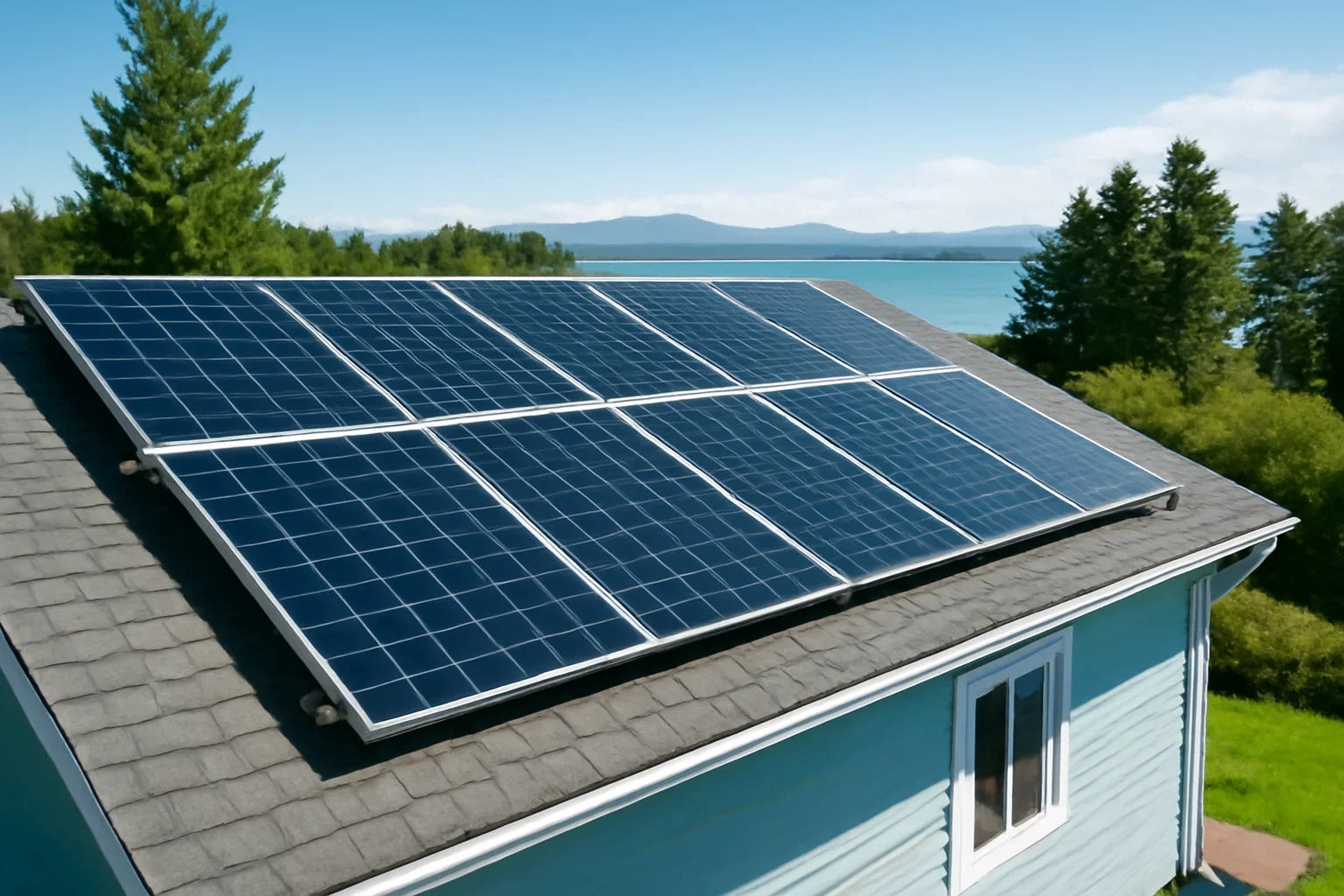 Rooftop solar panels on a property in Port Clements, BC