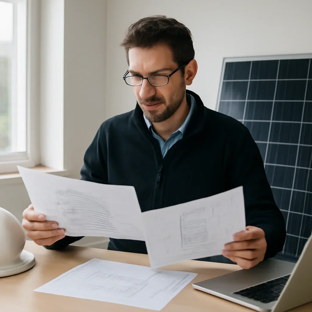 Solar consultant reviewing roof and electrical details for a Port Clements, BC project