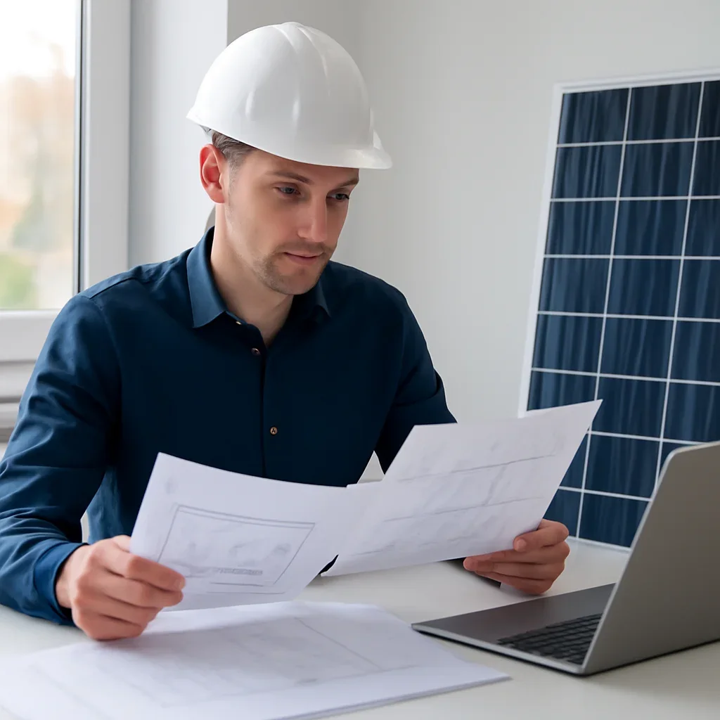 Solar consultant reviewing roof and electrical details for a Port Coquitlam, BC project