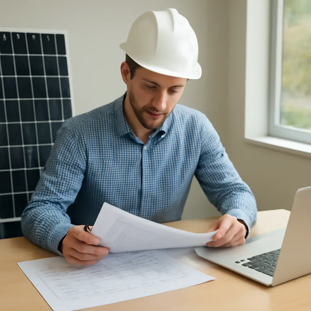Solar consultant reviewing roof and electrical details for a Port Edward, BC project