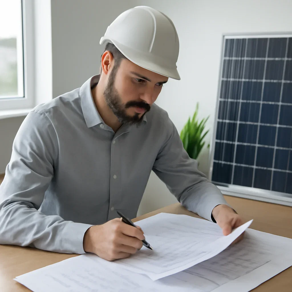 Solar consultant reviewing roof and electrical details for a Port McNeill, BC project