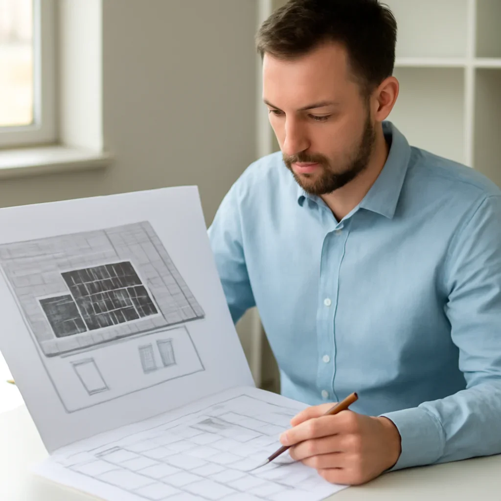 Solar consultant reviewing roof and electrical details for a Pouce Coupe, BC project