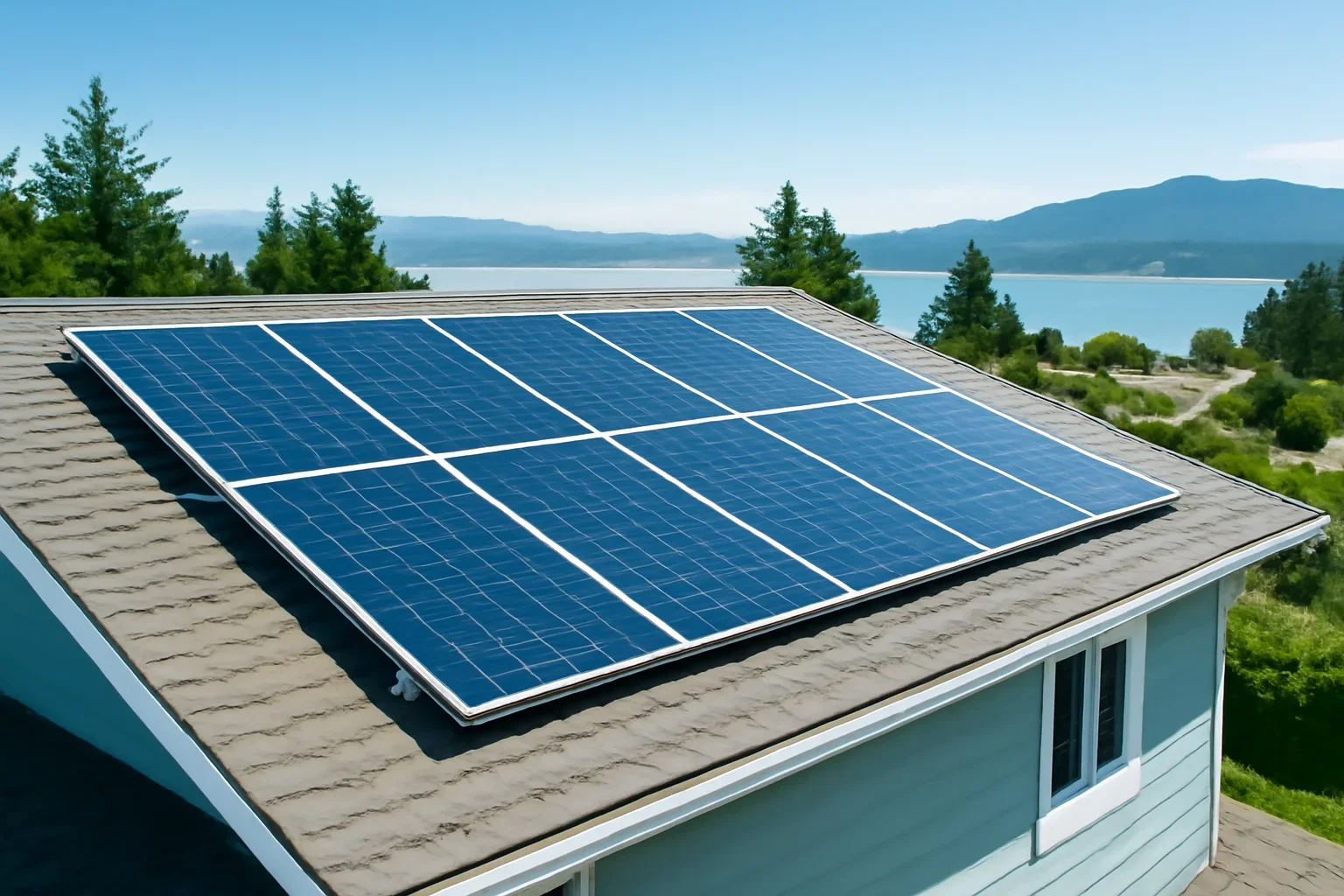 Rooftop solar panels on a property in Powell River, BC