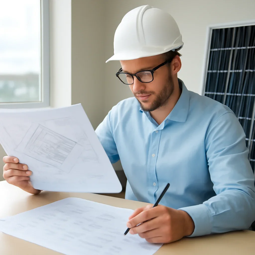 Solar consultant reviewing roof and electrical details for a Prince Rupert, BC project