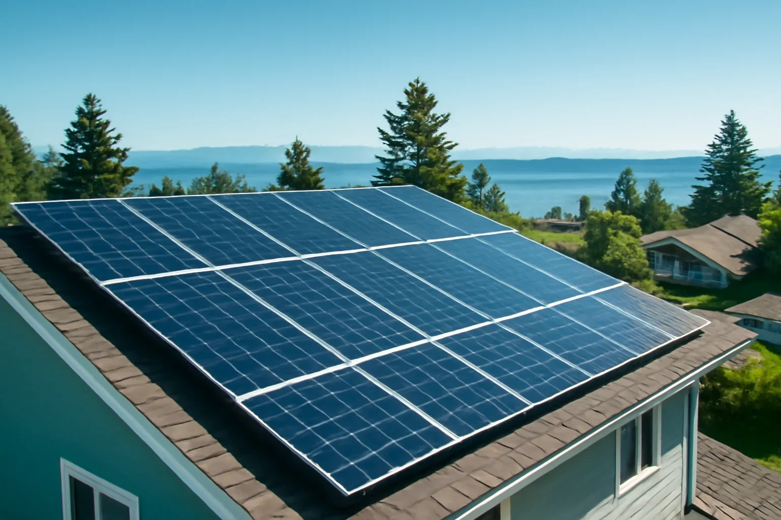 Rooftop solar panels on a property in Qualicum Beach, BC