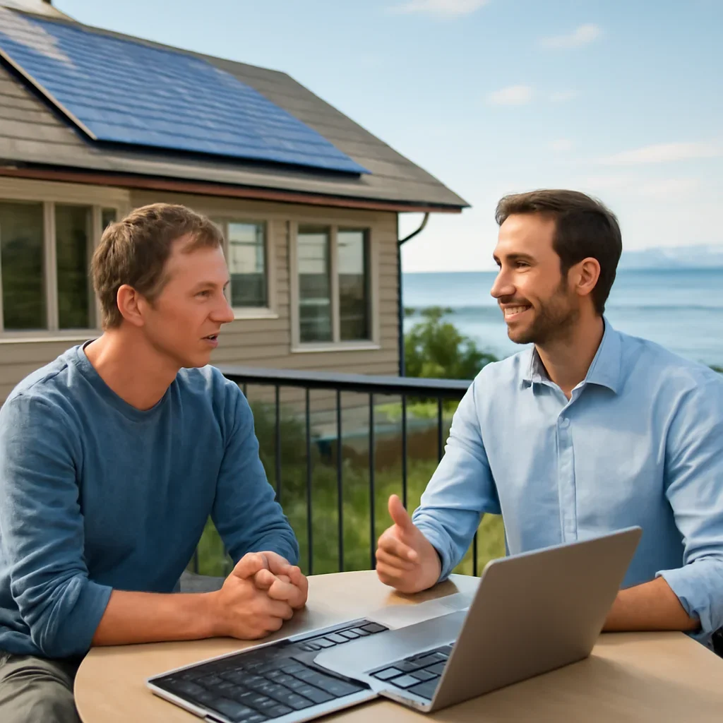 Property owner discussing solar options for Qualicum Beach, BC