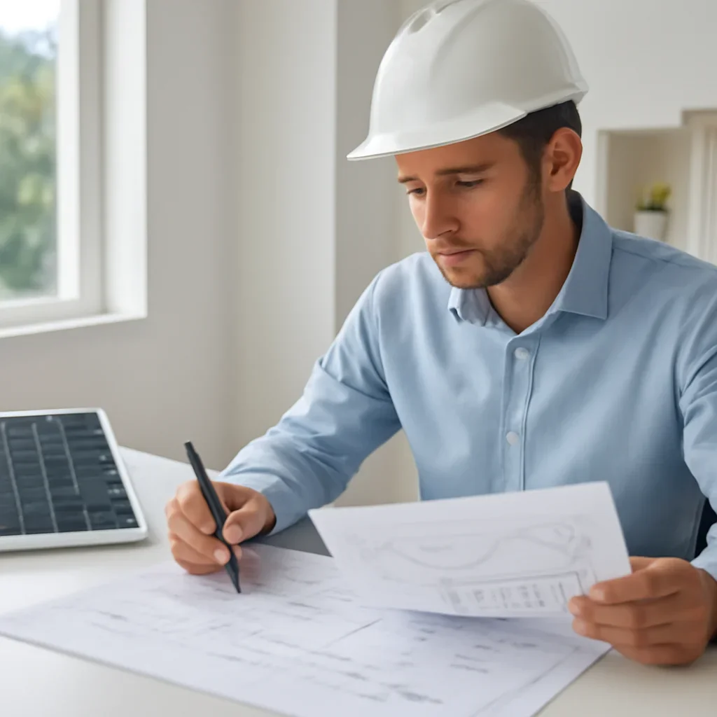 Solar consultant reviewing roof and electrical details for a Qualicum Beach, BC project