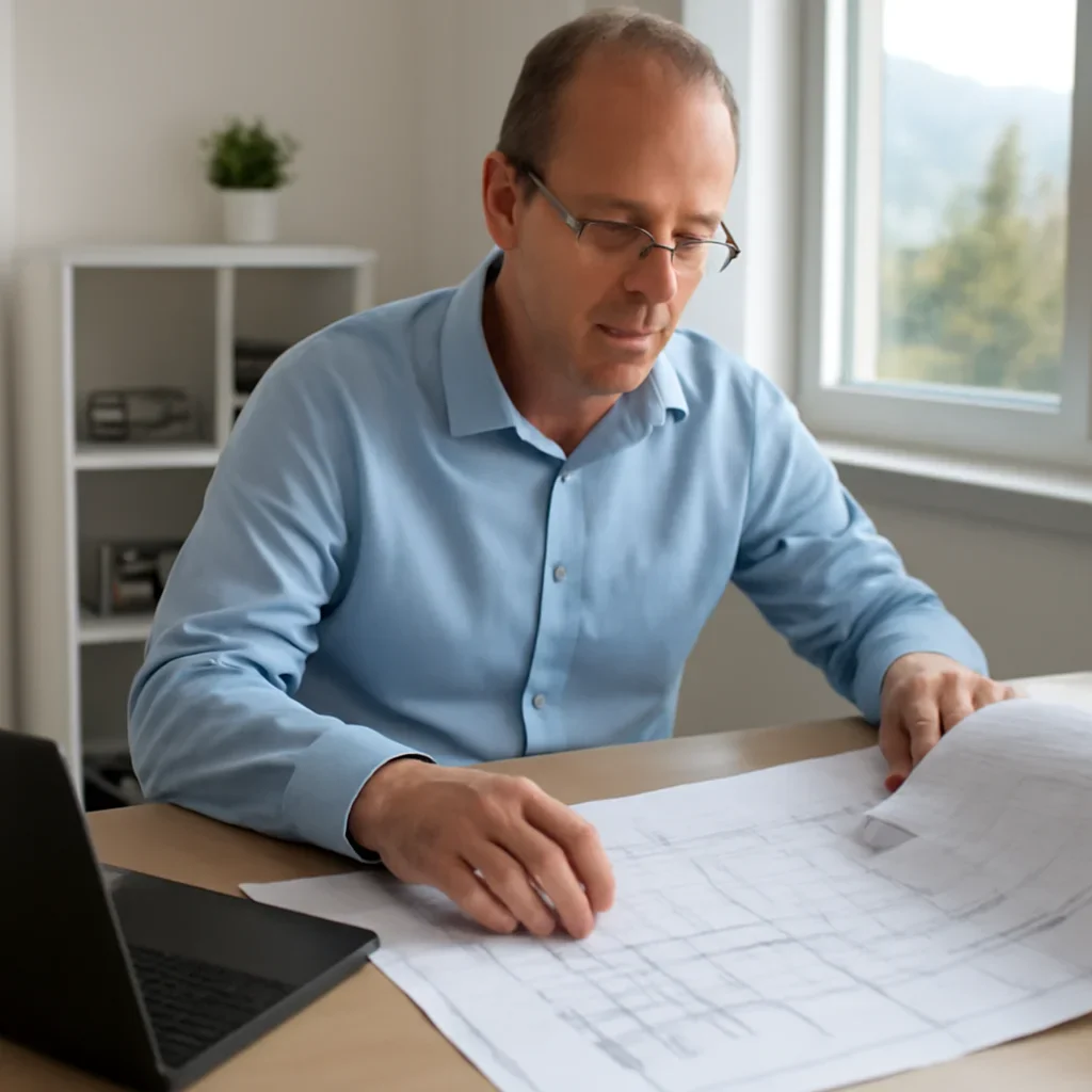 Solar consultant reviewing roof and electrical details for a Radium Hot Springs, BC project
