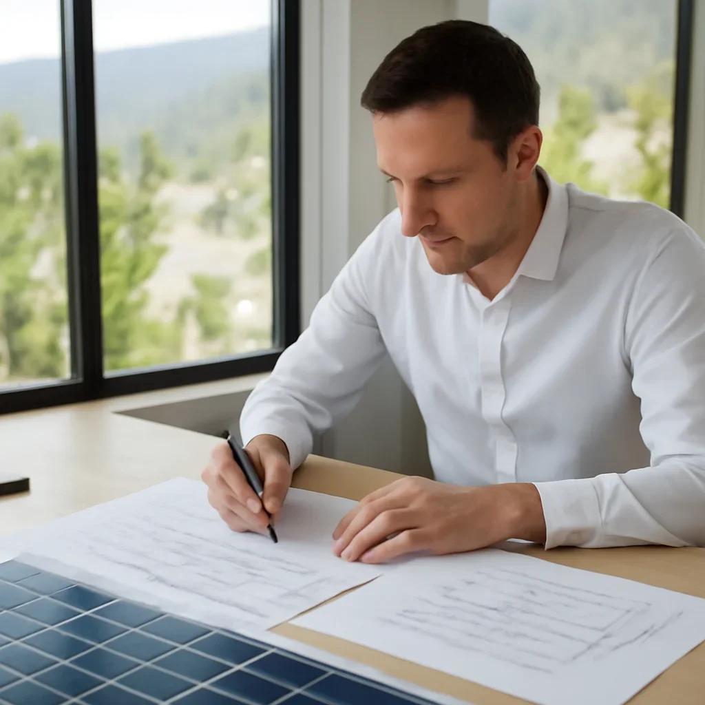 Solar consultant reviewing roof and electrical details for a Rossland, BC project