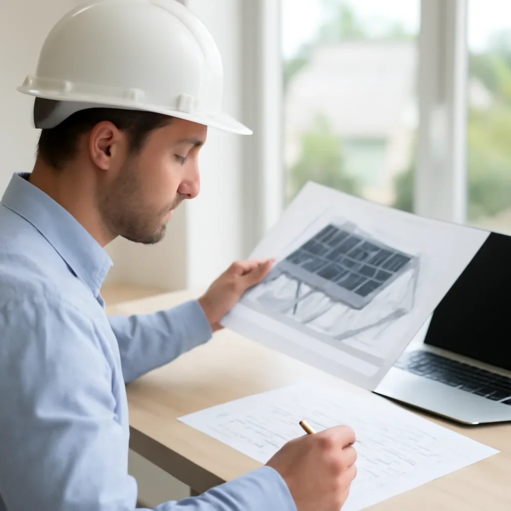 Solar consultant reviewing roof and electrical details for a Saanich, BC project