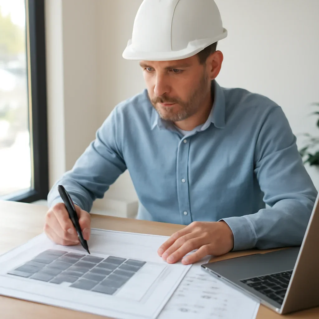 Solar consultant reviewing roof and electrical details for a Salmo, BC project