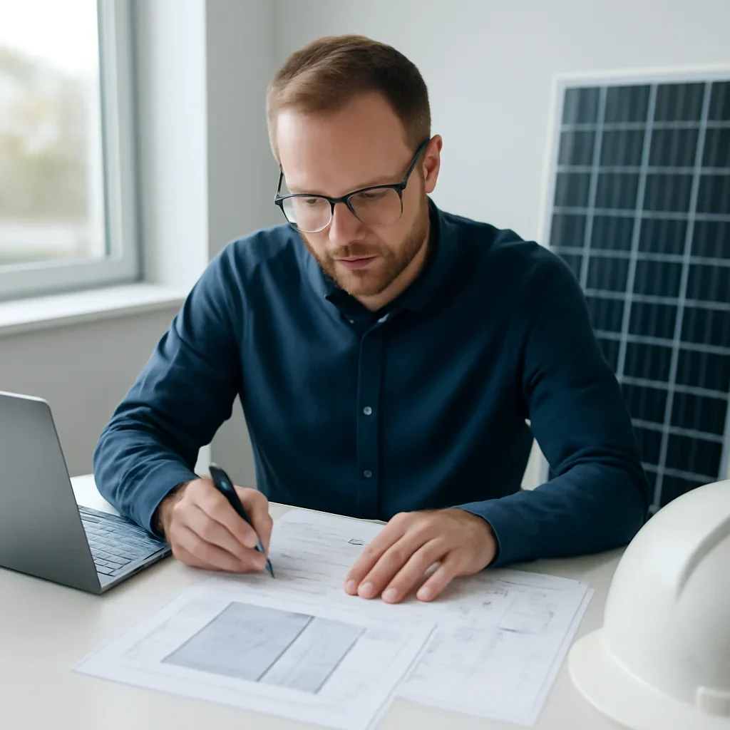 Solar consultant reviewing roof and electrical details for a Salmon Arm, BC project
