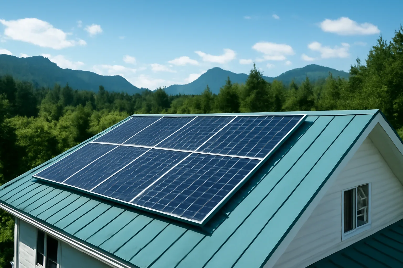 Rooftop solar panels on a property in Sayward, BC