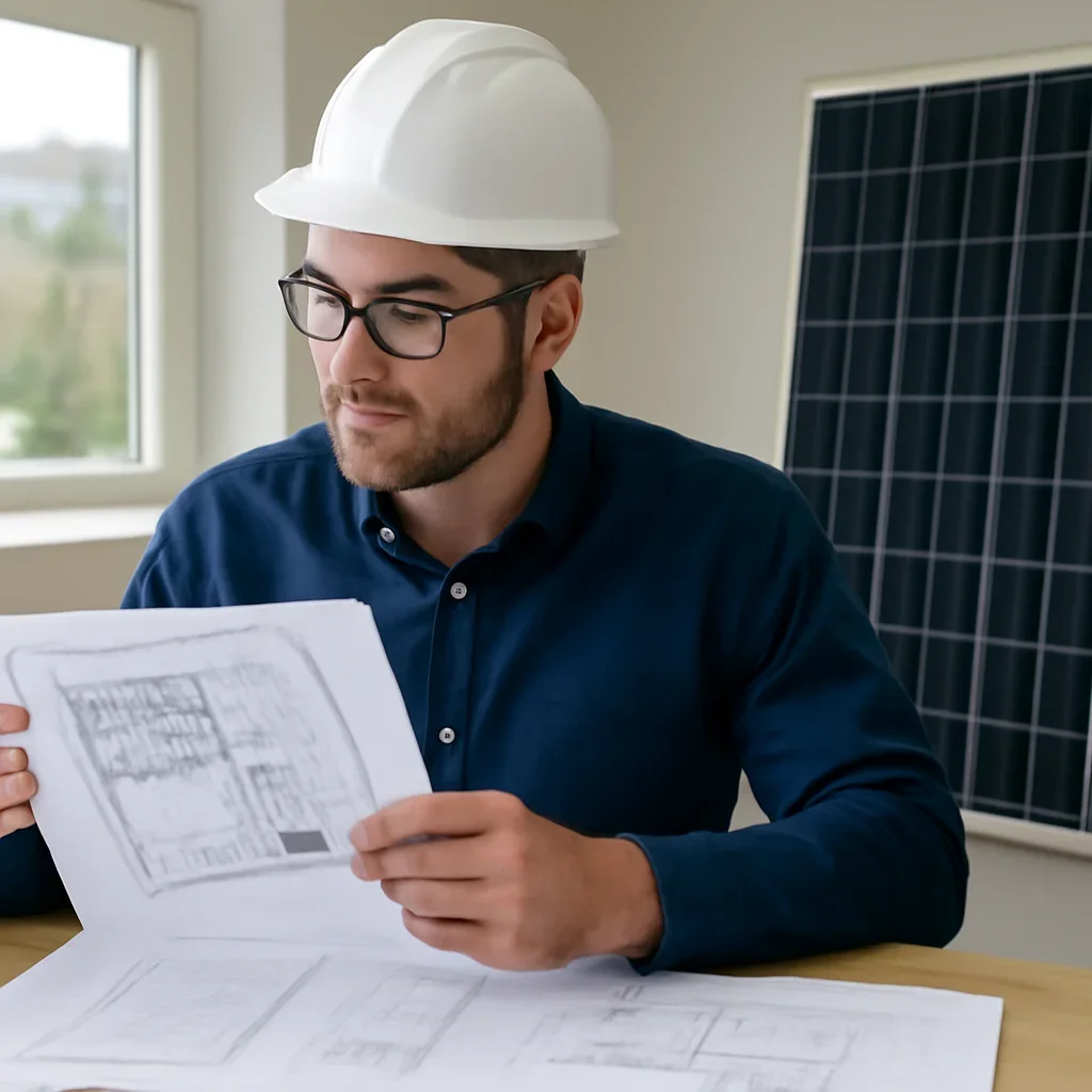 Solar consultant reviewing roof and electrical details for a Sayward, BC project