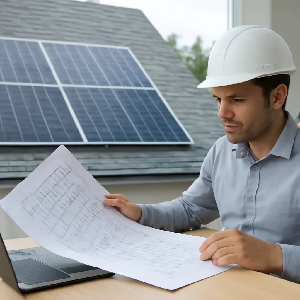 Solar consultant reviewing roof and electrical details for a shíshálh, BC project