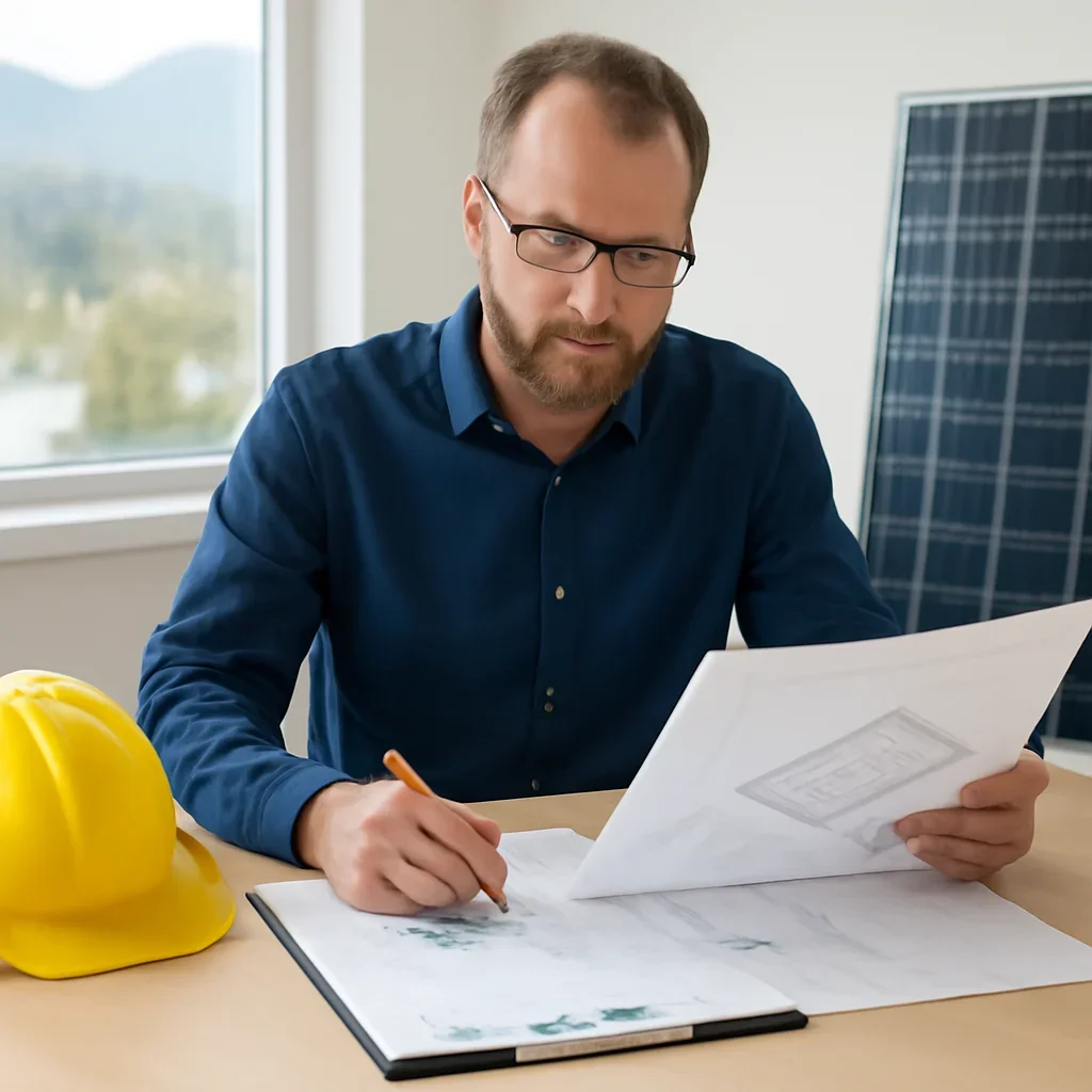 Solar consultant reviewing roof and electrical details for a Sicamous, BC project