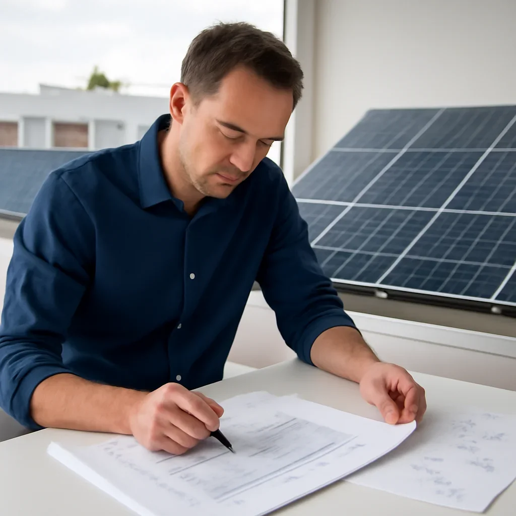 Solar consultant reviewing roof and electrical details for a Sidney, BC project