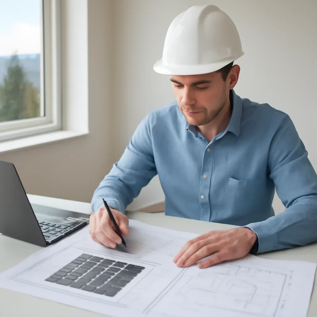 Solar consultant reviewing roof and electrical details for a Silverton, BC project