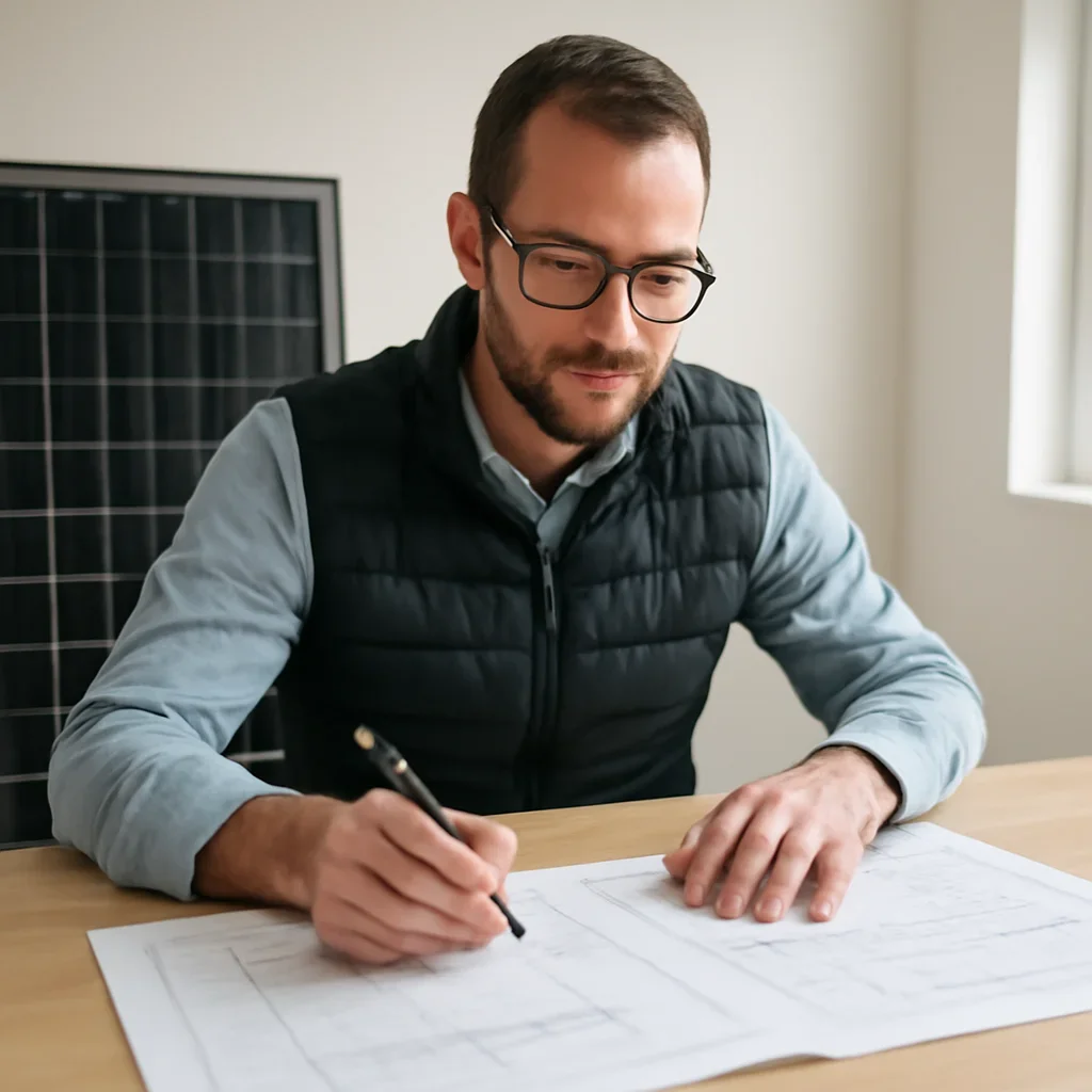 Solar consultant reviewing roof and electrical details for a Slocan, BC project