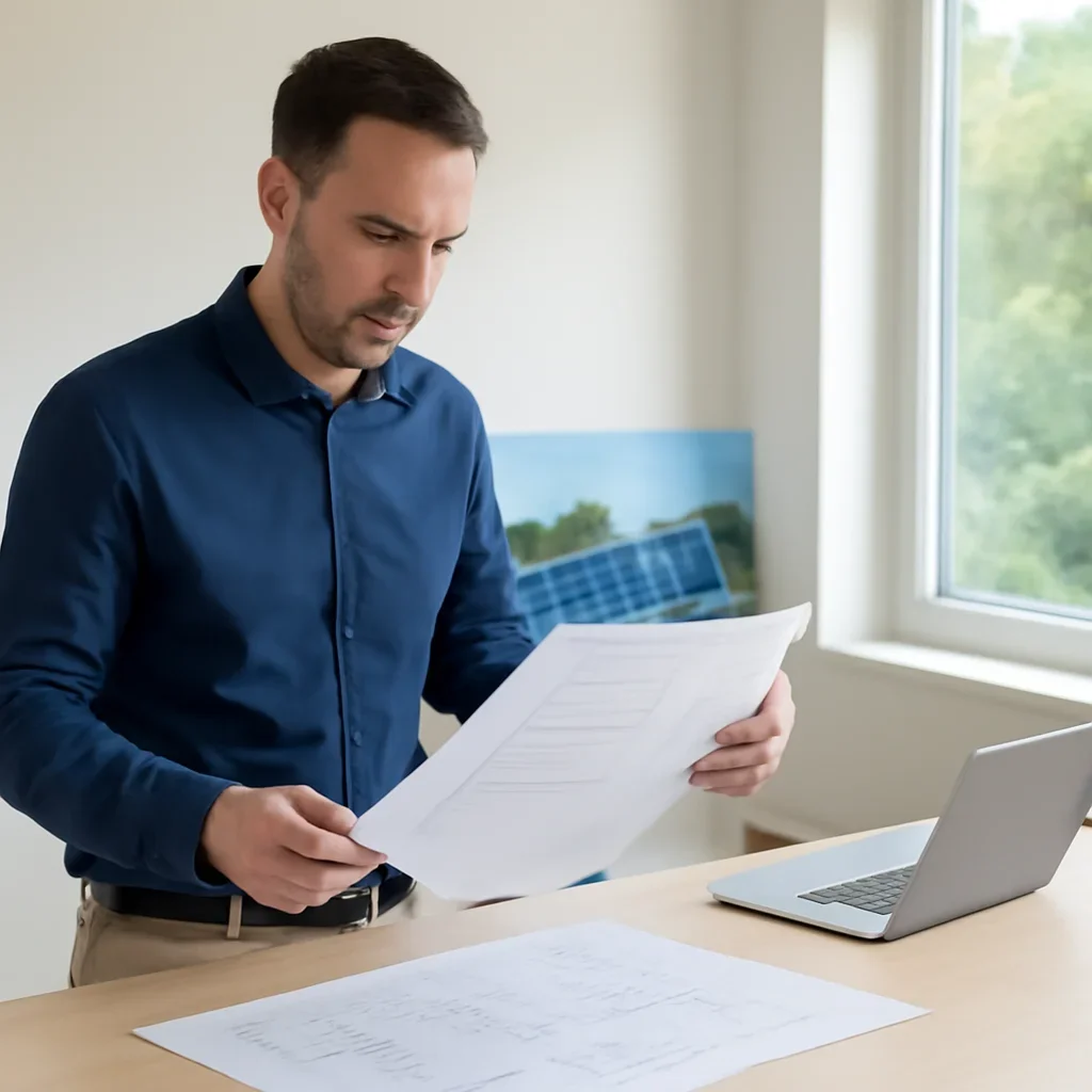 Solar consultant reviewing roof and electrical details for a Sooke, BC project