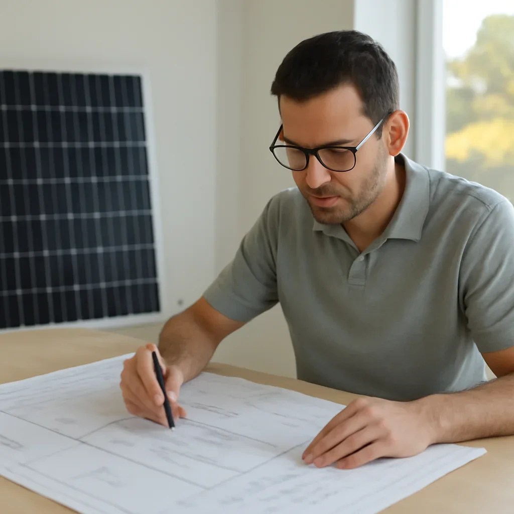 Solar consultant reviewing roof and electrical details for a Spallumcheen, BC project