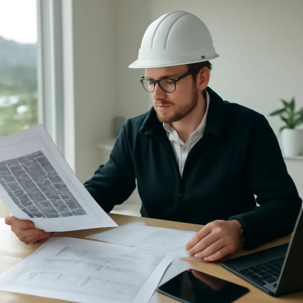 Solar consultant reviewing roof and electrical details for a Stewart, BC project