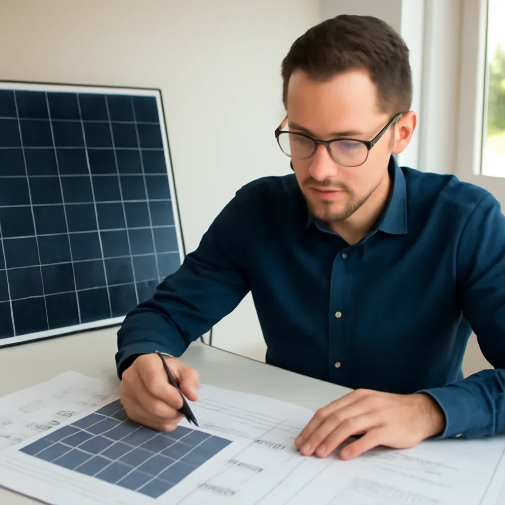 Solar consultant reviewing roof and electrical details for a Summerland, BC project
